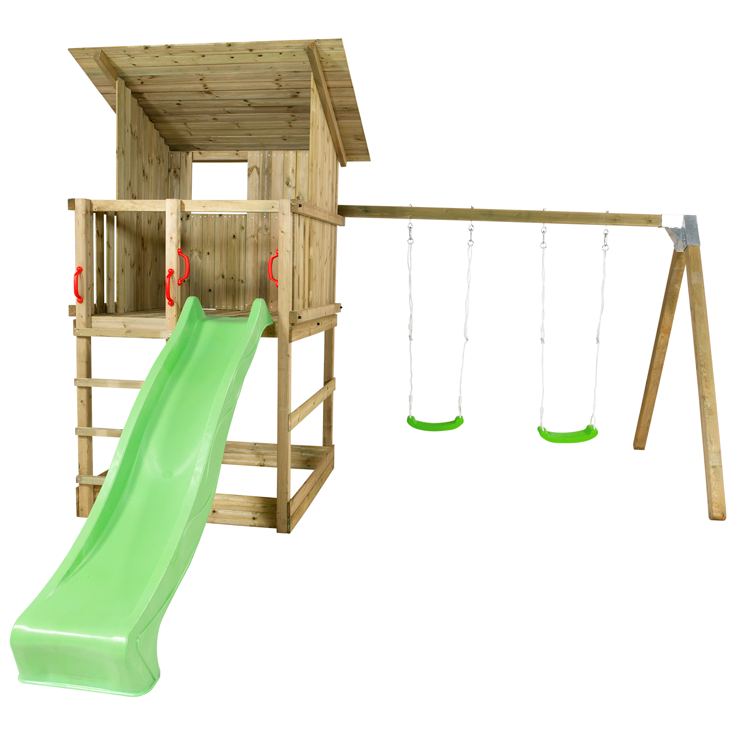 Play Spielturm mit Dach und Schaukelanbau inkl. grüner Rutsche