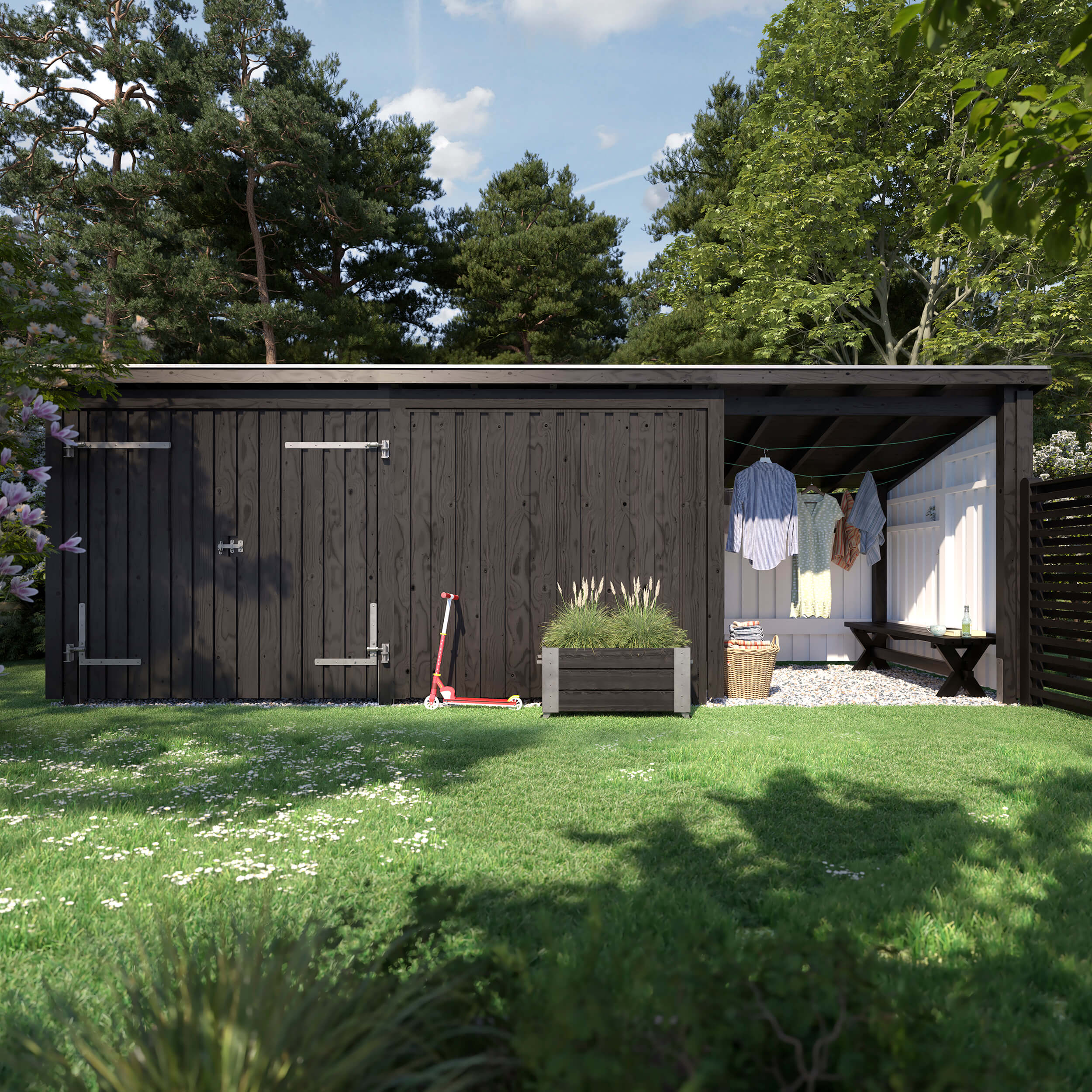 Nordic Multi Gartenhaus 14 m²  3 Module Doppeltür & offene/geschlossene Fassade mit Dachpappe,Aluleisten und H-Pfostenfüßen