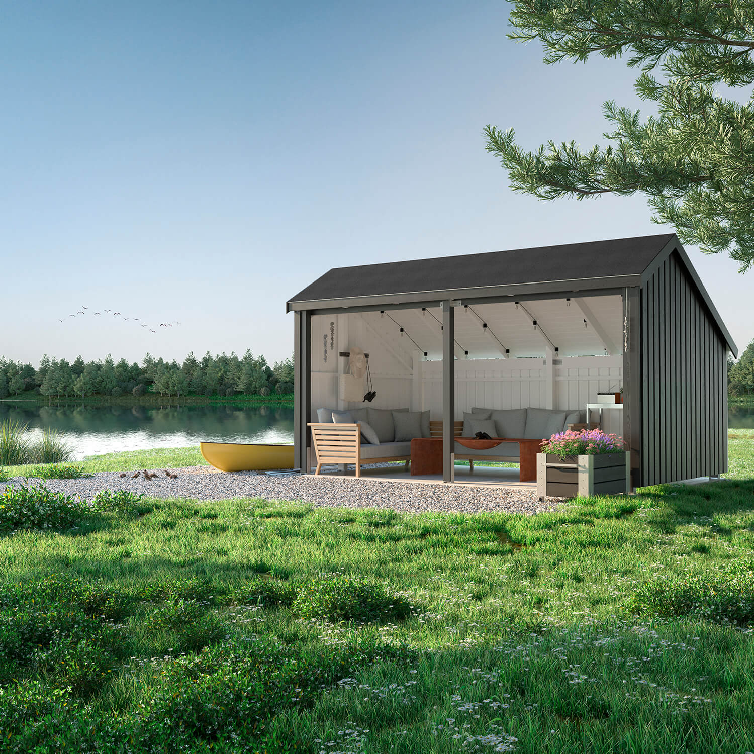 Multi Gartenhaus 10,5 m²  2 Module offen mit Dachpappe,Aluleisten und H-Pfostenfüßen