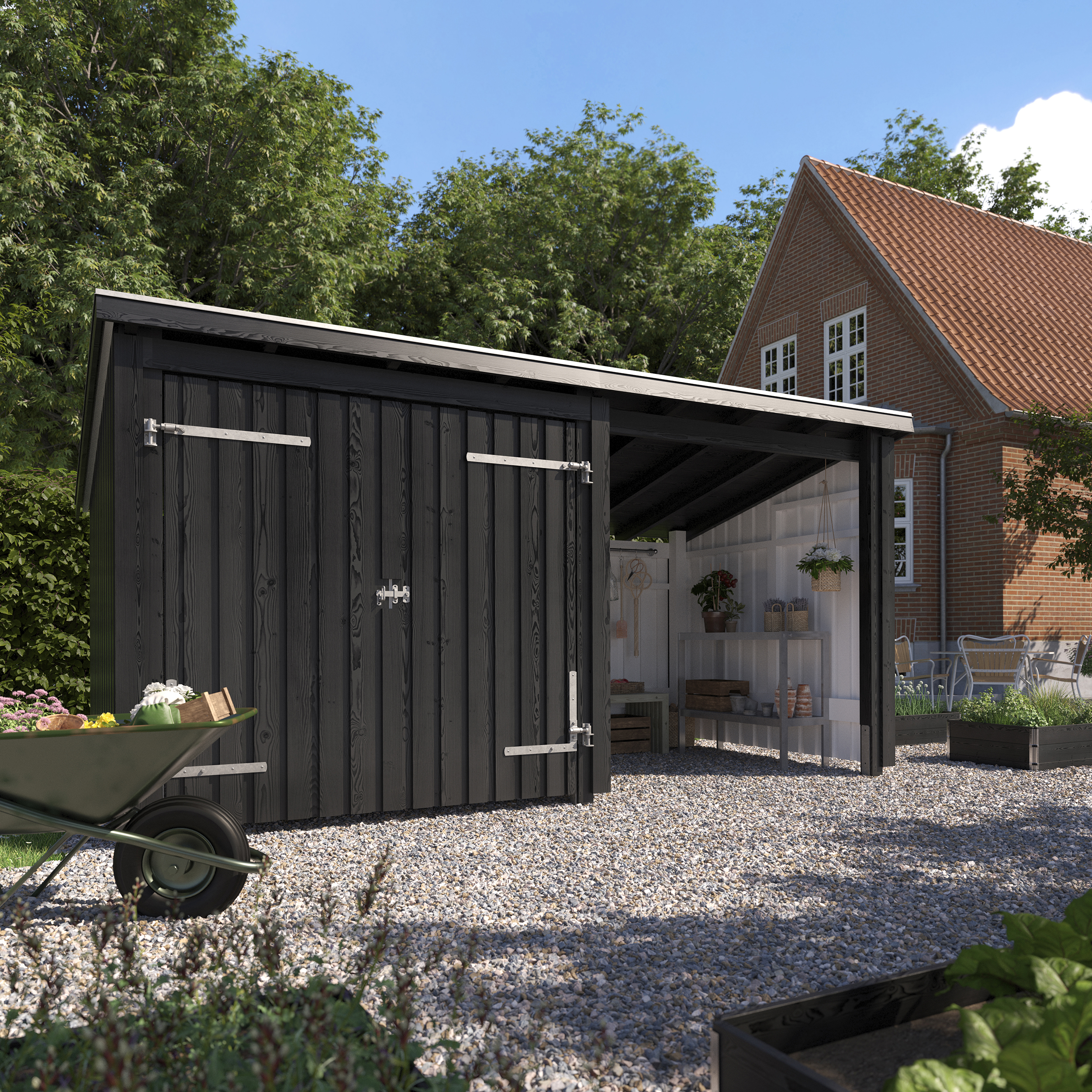 Nordic Multi Gartenhaus 9,5 m²  2 Module Doppeltür & offene Fassade mit Dachpappe,Aluleisten und H-Pfostenfüßen