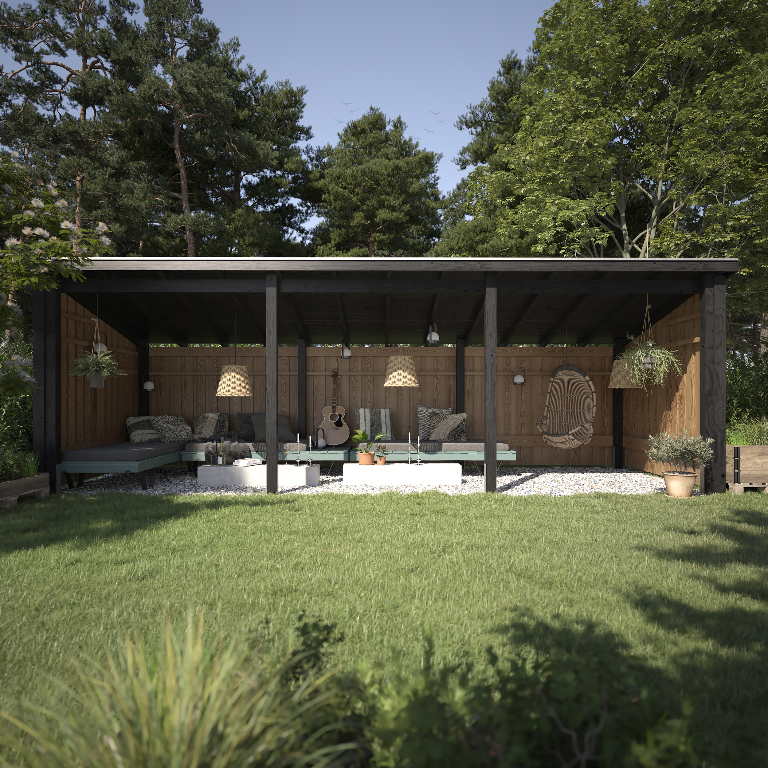 Nordic Multi Gartenhaus 14 m²  3 Module offen mit Dachpappe,Aluleisten und H-Pfostenfüßen