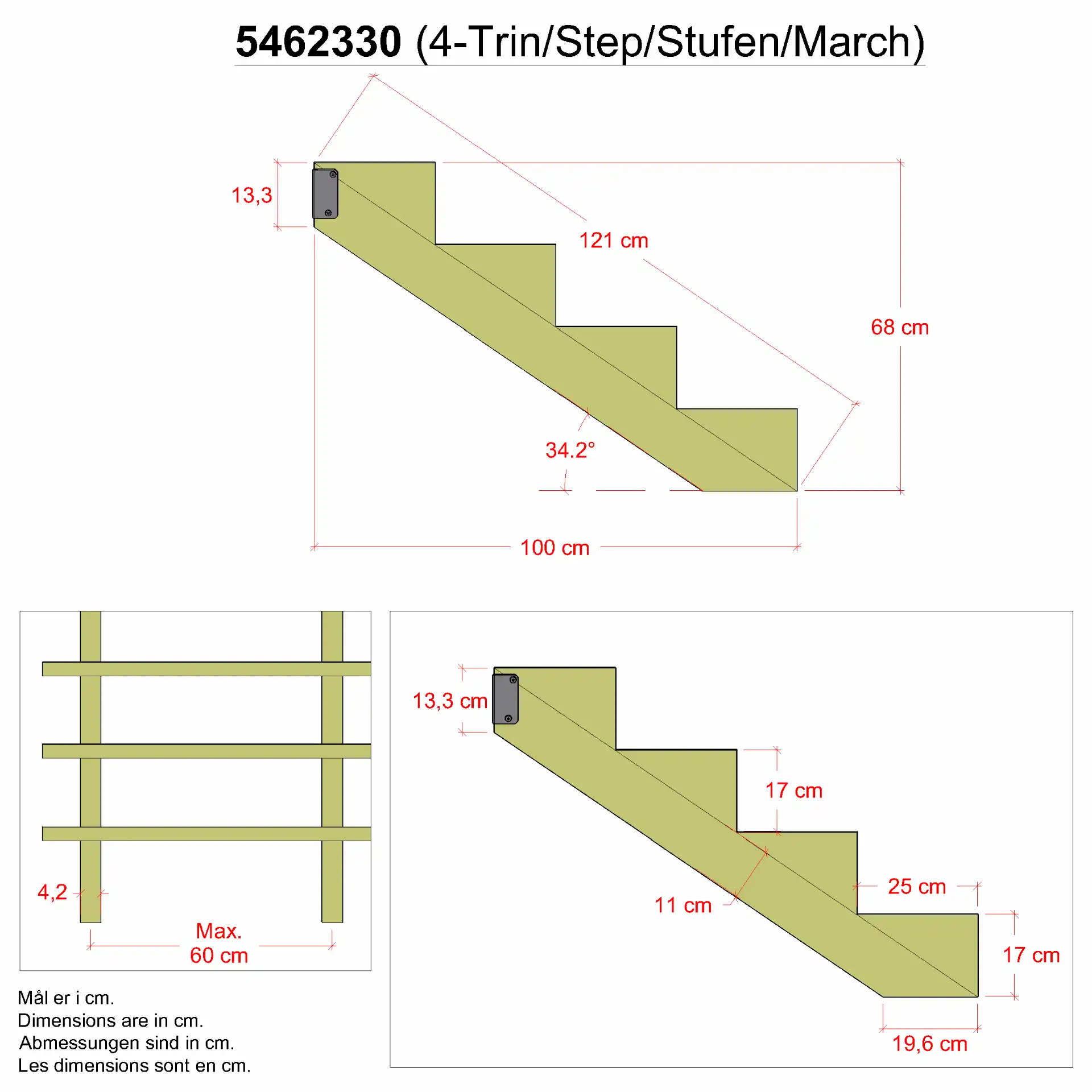 Treppenwange für 4-Stufen Schritttiefe 25 cm