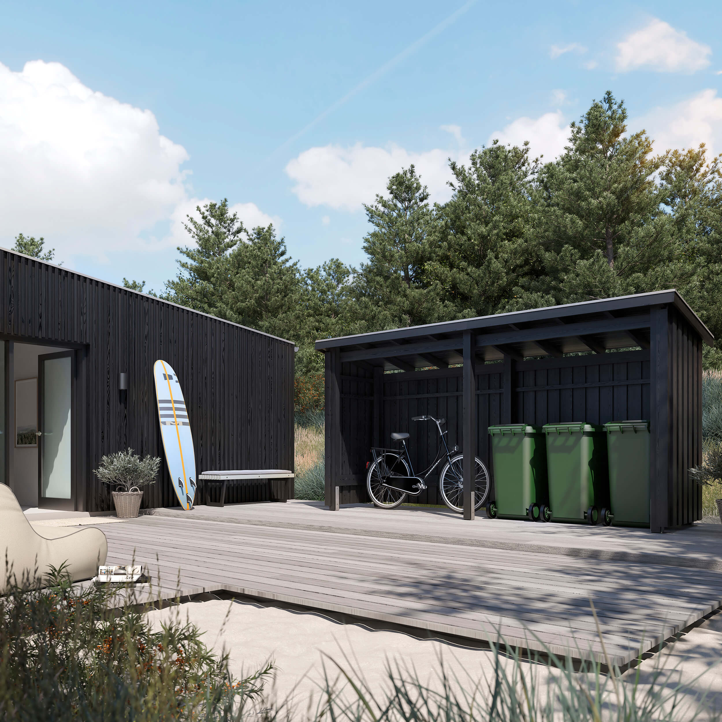 Nordic Multi Gartenhaus 4,7 m²  2 Module offen mit Dachpappe,Aluleisten und H-Pfostenfüßen