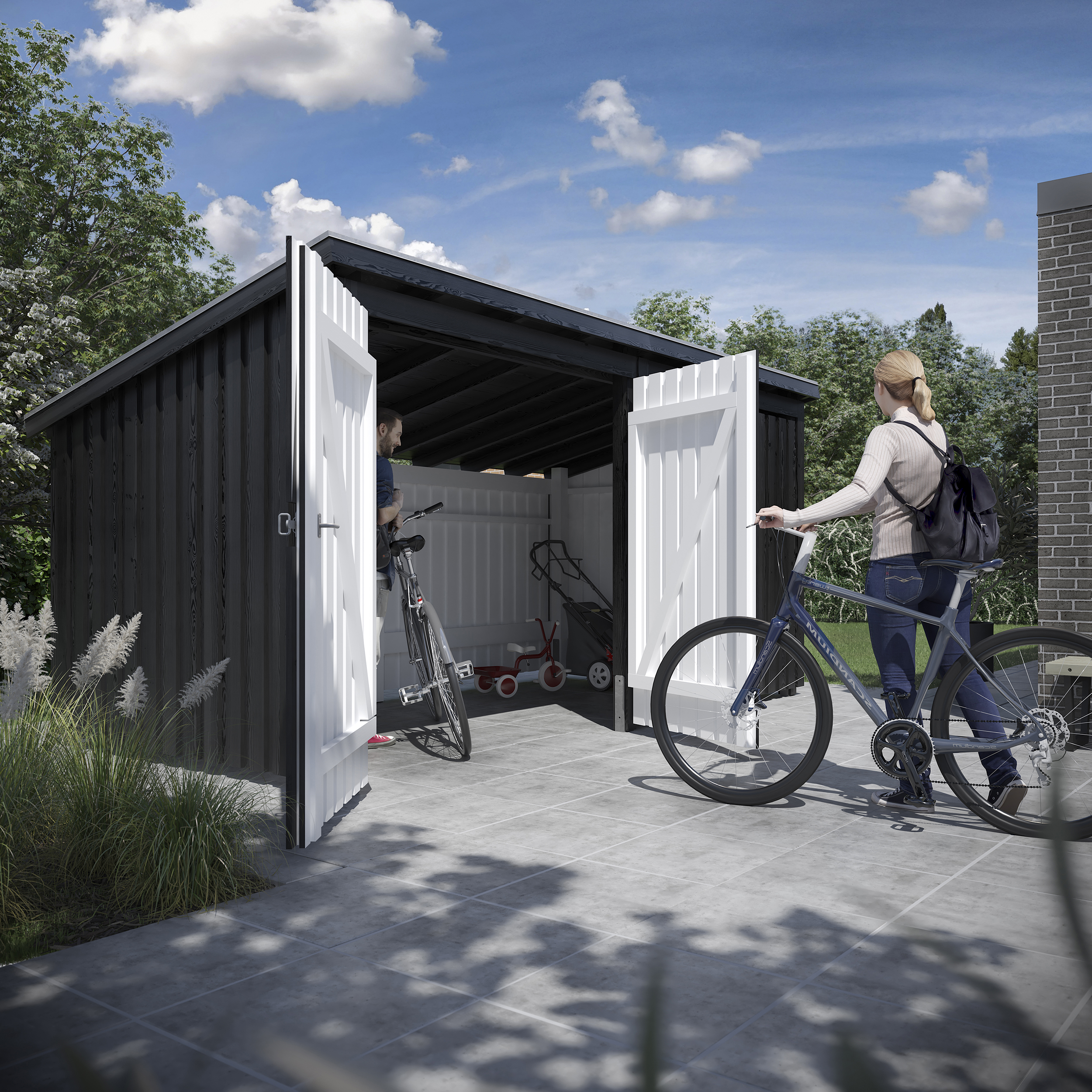 Nordic Multi Gartenhaus 9,5 m²  2 Module Doppeltür & Fassade mit Dachpappe,Aluleisten und H-Pfostenfüßen
