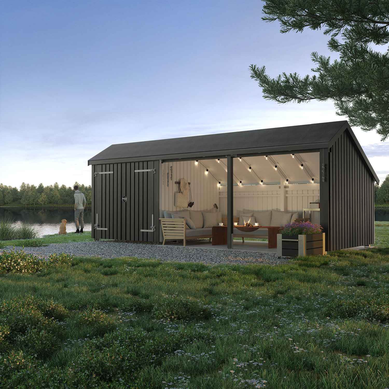 Multi Gartenhaus 15,5 m²  3 Module Doppeltür & offene Fassade mit Dachpappe,Aluleisten und H-Pfostenfüßen