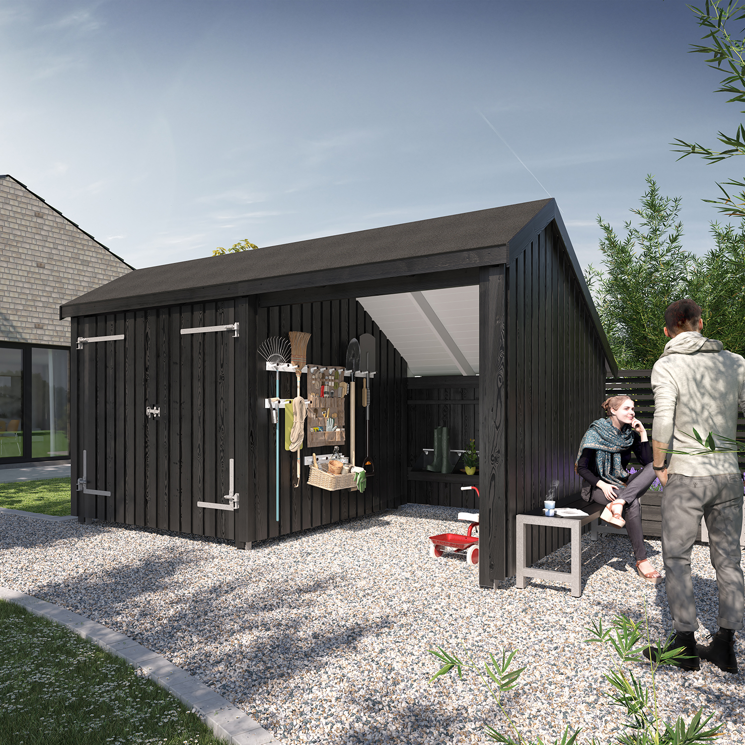 Multi Gartenhaus 10,5 m²  2 Module Doppeltür & offene Fassade mit Dachpappe,Aluleisten und H-Pfostenfüßen