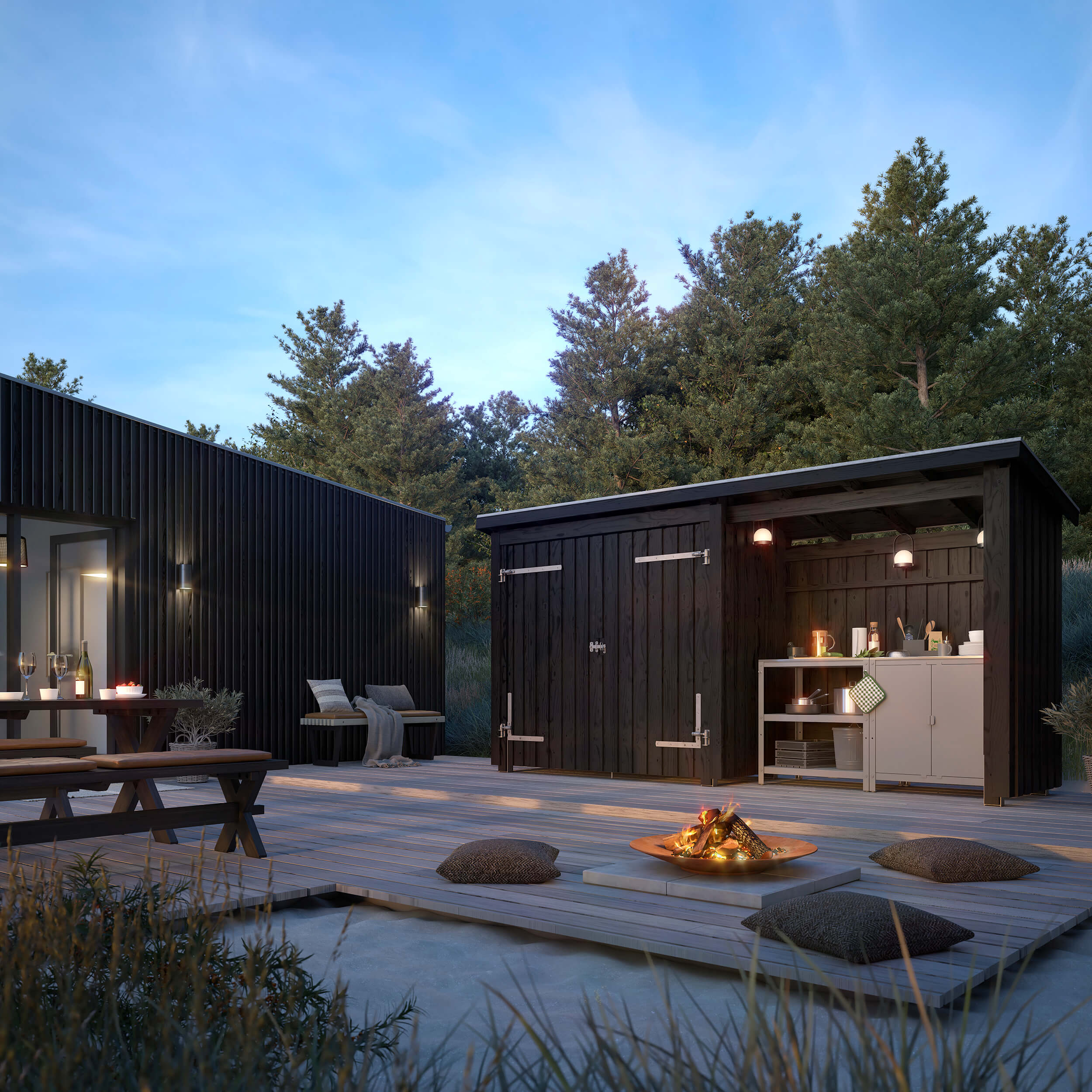 Nordic Multi Gartenhaus 4,7 m²  2 Module Doppeltür & offene Fassade mit Dachpappe,Aluleisten und H-Pfostenfüßen