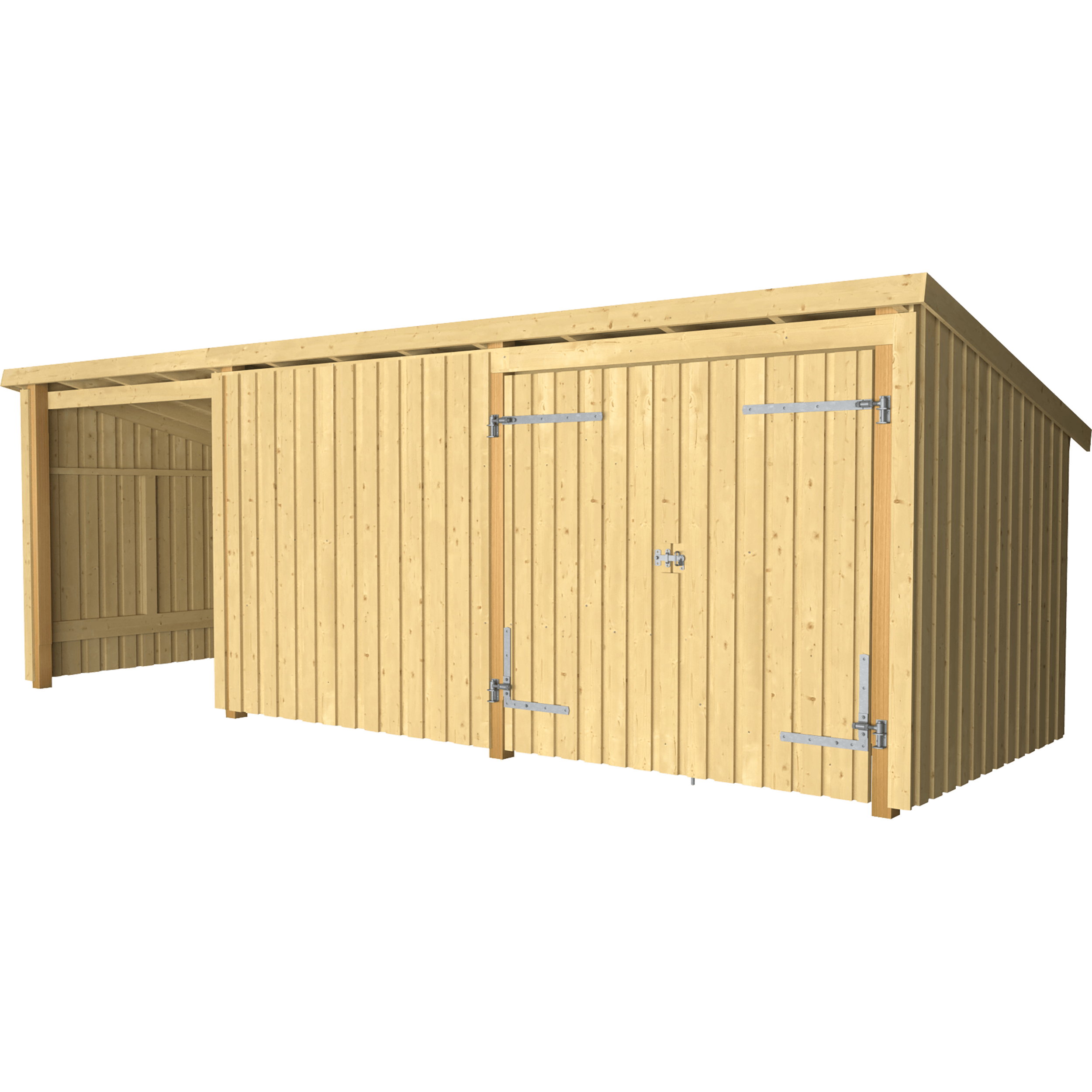 Nordic Multi Gartenhaus 3 Module Doppeltür & offene+geschlossene Fassade 14 m² unbehandelt