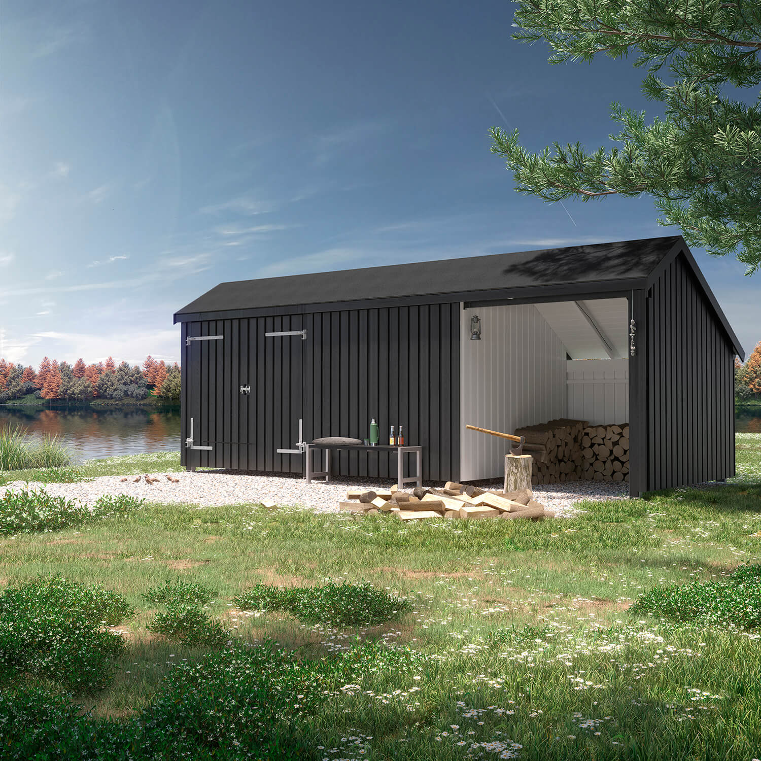 Multi Gartenhaus 15,5 m²  3 Module Doppeltür & offene/geschlossene Fassade mit Dachpappe,Aluleisten und H-Pfostenfüßen