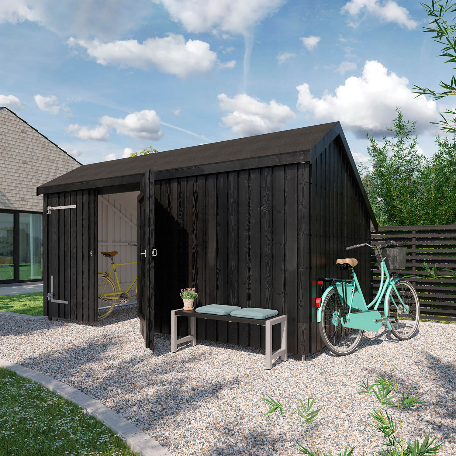 Multi Gartenhaus 10,5 m²  2 Module Doppeltür & Fassade mit Dachpappe,Aluleisten und H-Pfostenfüßen