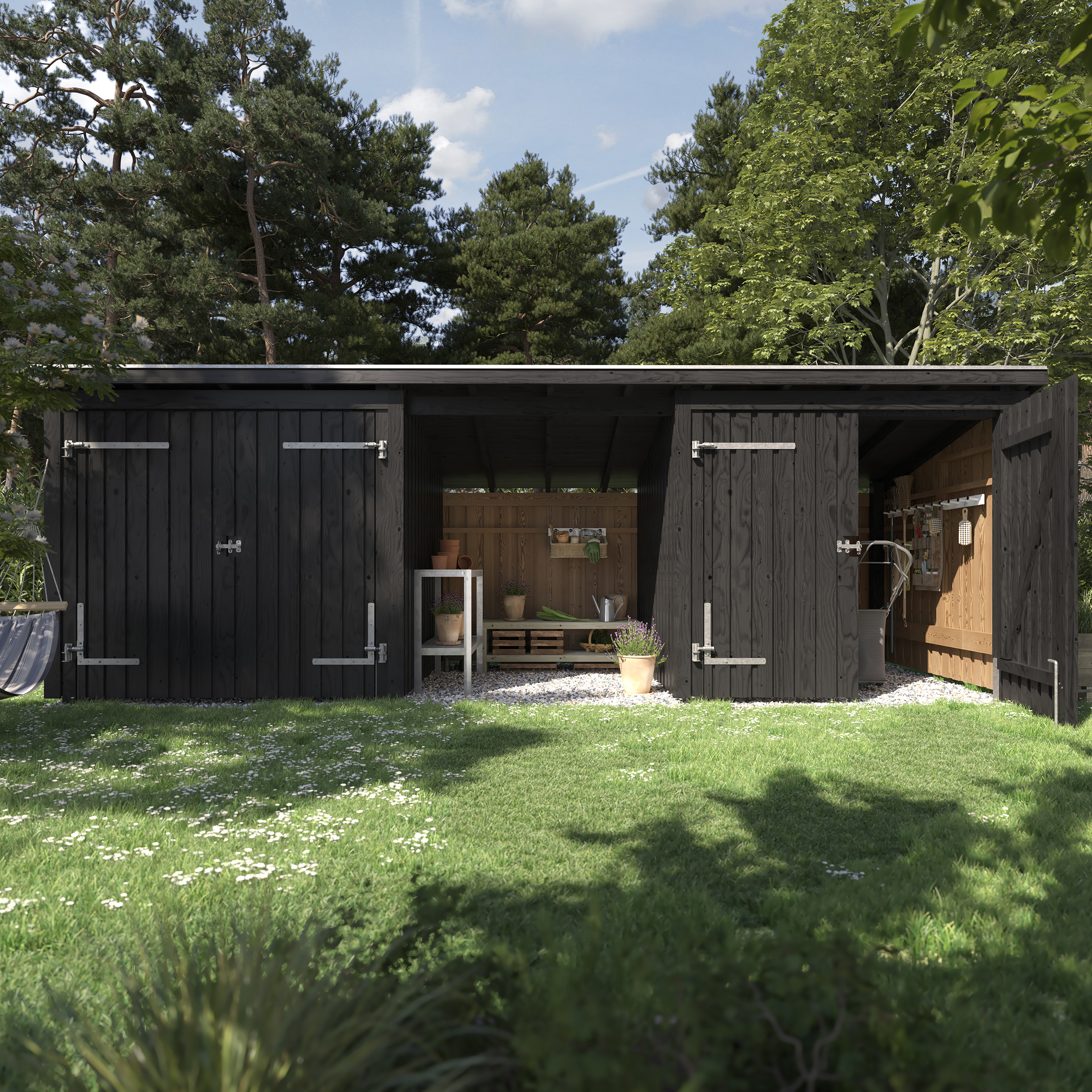 Nordic Multi Gartenhaus 14 m²  3 Module m. 2 Doppeltüren & offene Fassade mit Dachpappe,Aluleisten und H-Pfostenfüßen