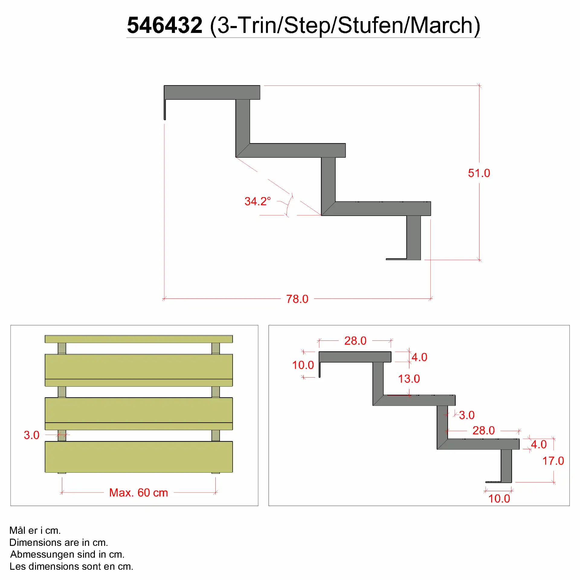 Terrassentreppe mit verzinkten Stahlwangen - 3 Stufen - Breite 120 cm - Schritttiefe 25 cm