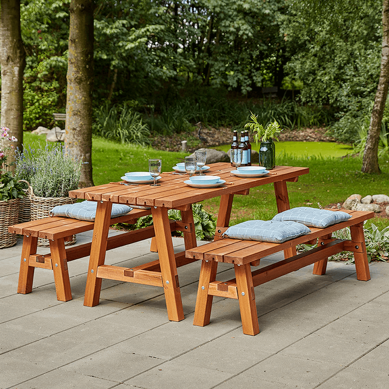 Country Plankengarnitur 1 Tisch und 2 Bänke 177 cm Teak