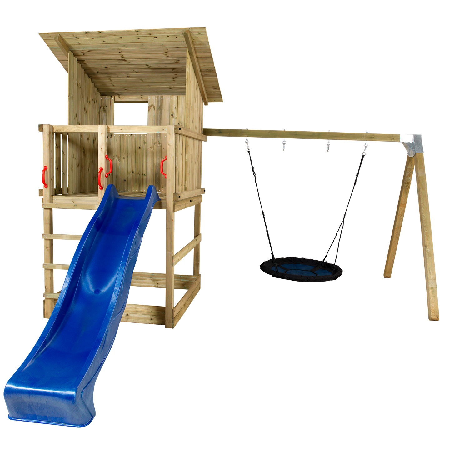 Play Spielturm mit Dach und Schaukelanbau inkl. blauer Rutsche